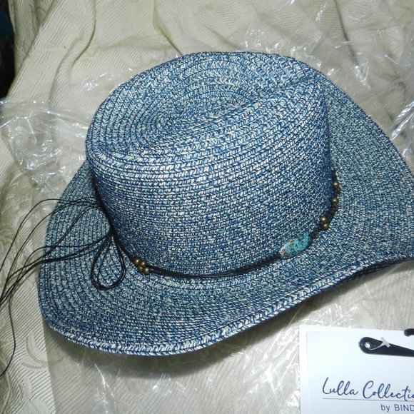 Lulla Collection Western Straw Hat with Beaded Trim Blue New/NWT - Picture 7 of 10